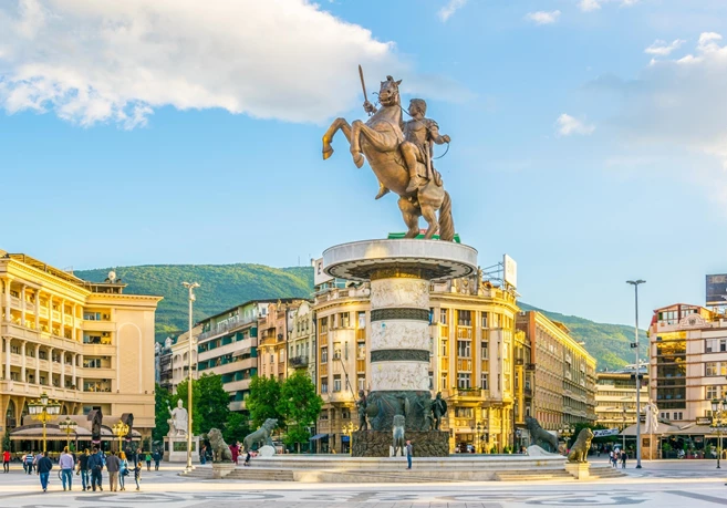 View of the Macedonia square dominated by statue of alexander the great in skopje