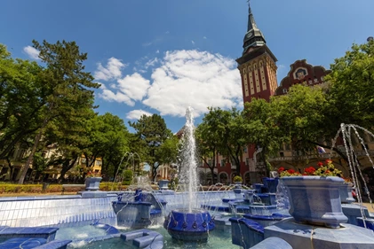 Blue fountain near the town hall in Subotica town Serbia