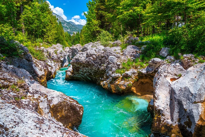Amazing turquoise Soca river and gorge, Bovec, Slovenia