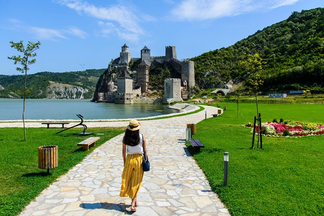 visiting ancient Golubac fortress on Danube river in Serbia