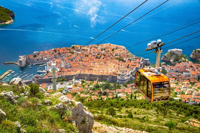 Aerial panoramic view of the old town of Dubrovnik with famous Cable Car