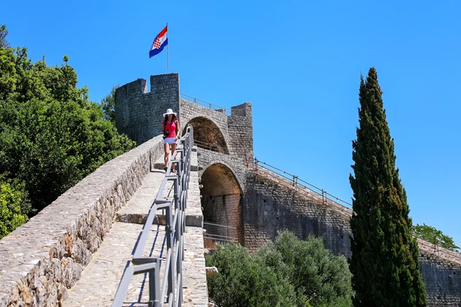 Walking on the Ston walls, Peljesac peninsula, Croatia