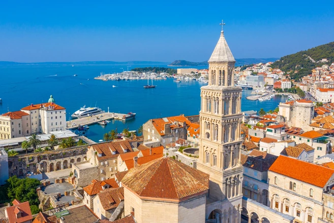 view of old town of Split dominated by belltower of Saint Domnius cathedral, Croatia