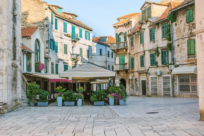 City of Split, Croatia, cafes and shops on an early morning
