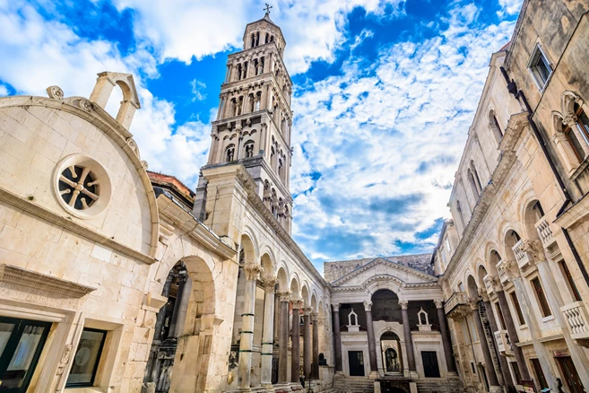 Marble ancient roman architecture in city center of town Split, view at square Peristil