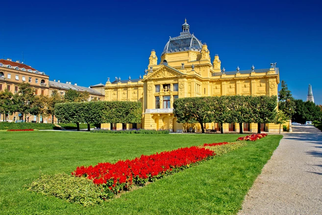 Art pavilion in colorful park, in Zagreb, capital of Croatia