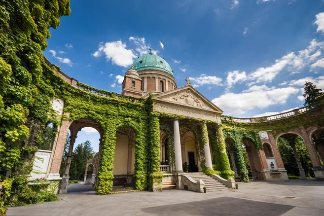 Entrance to Mirogoj cemetery with Church of King Christ in Zagreb