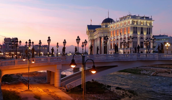 Skopje night scene at dawn