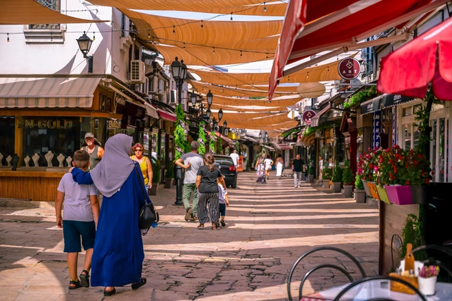 SKOPJE, NORTH MACEDONIA - Street of Old Bazaar market