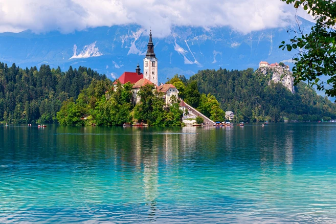 Bled with lake, island and mountains in background, Slovenia