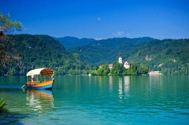 Colorful boat on Lake Bled. Slovenia