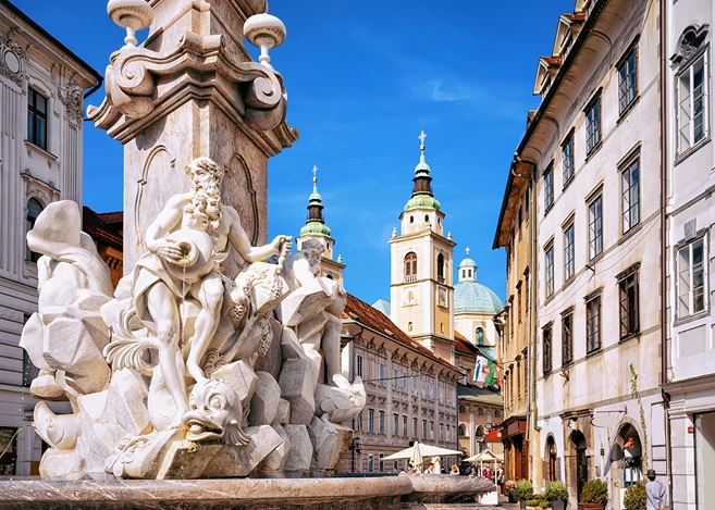 Fragment of Robba fountain in the historical center of Ljubljana