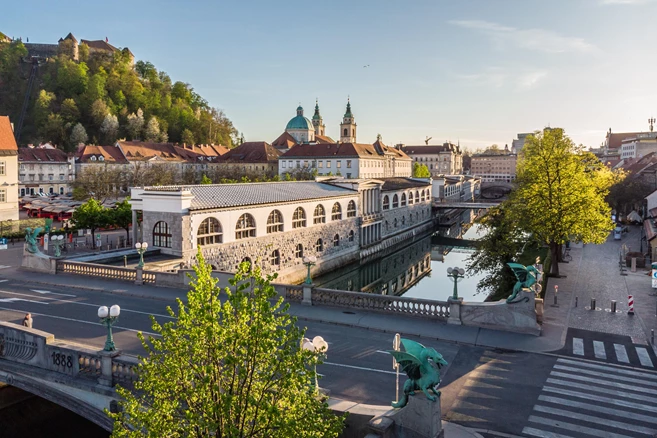 Ljubljana medieval city center, capital of Slovenia in warm afternoon sun