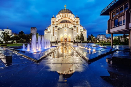 Saint Sava temple with fountain in Belgrade Serbia