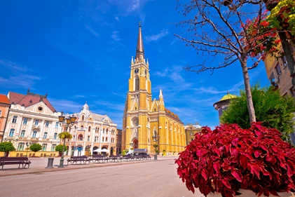 Freedom square and catholic cathedral in Novi Sad view, Vojvodina region of Serbia