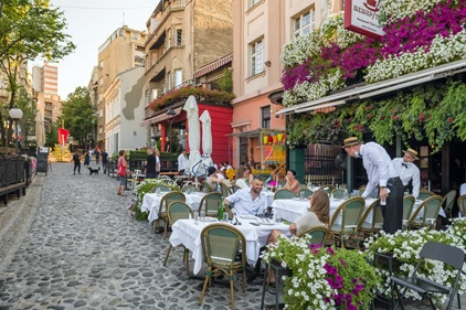 Cozy outdoor restaurant in Belgrade city center in summer, Serbia