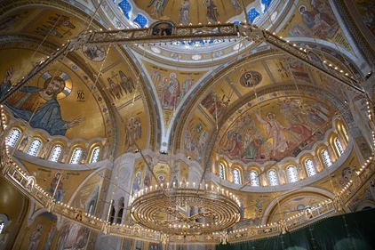 Interiors of St. Sava's Church in Belgrade with religious paintings and mosaics
