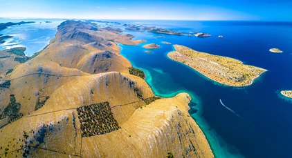 Kornati Islands national park archipelago panoramic aerial view, landscape of Dalmatia, Croatia
