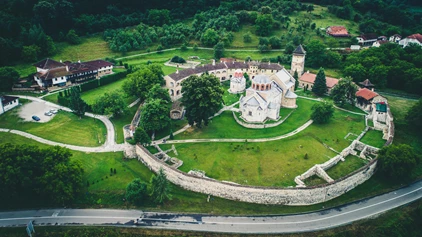 Studenica christian orthodox monastery from air. Serbia