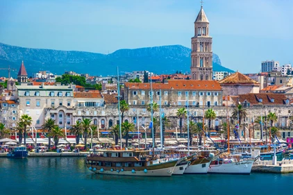 Seafront view at old city center in Split town, Diocletian Palace view from the Adriatic Sea, Croatia